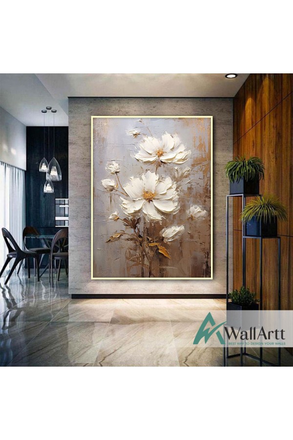 White Flowers with Gold Leaves II 3d Heavy Textured Partial Oil Painting